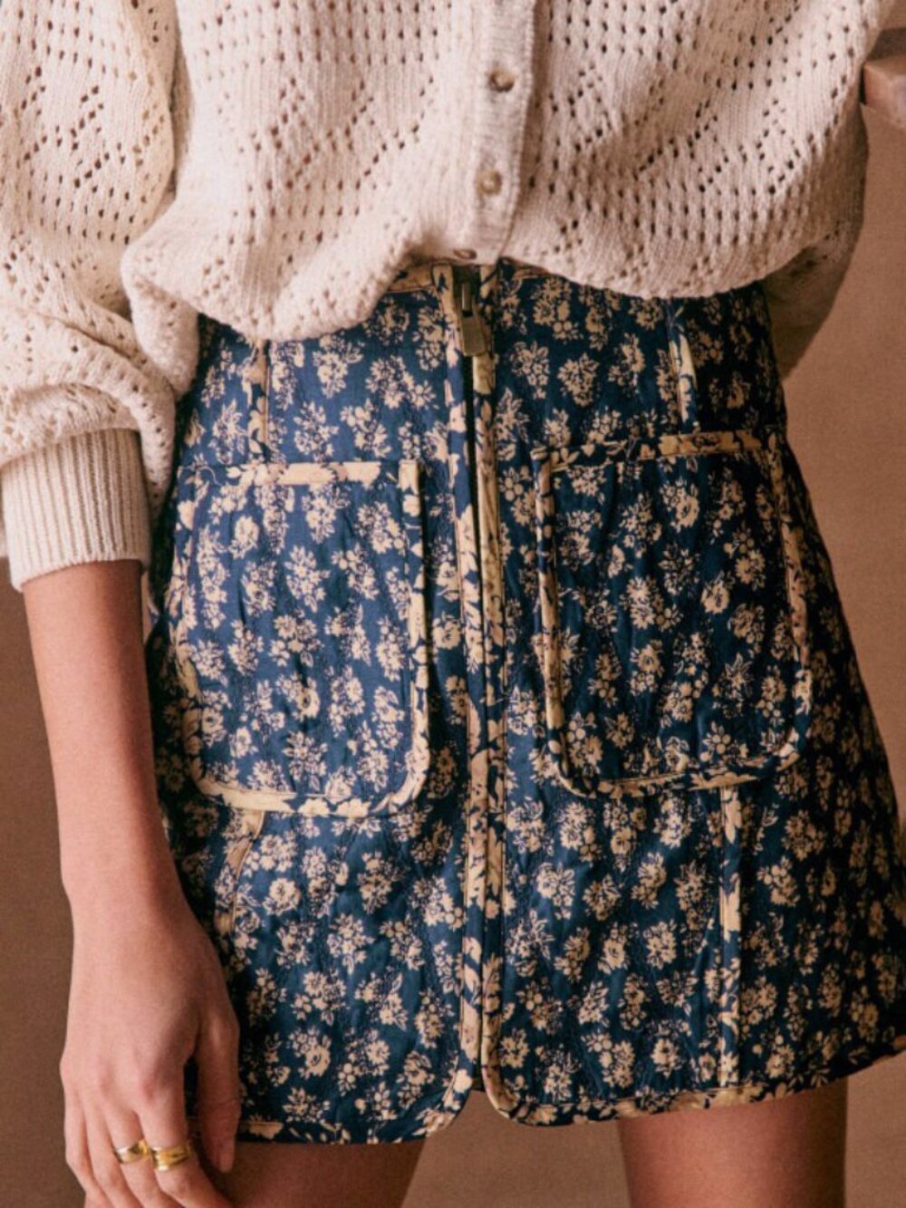 New Sezane Foxy Floral Quilted Cotton Mini Skirt Blue Ecru Cara Mix Print 36, 4